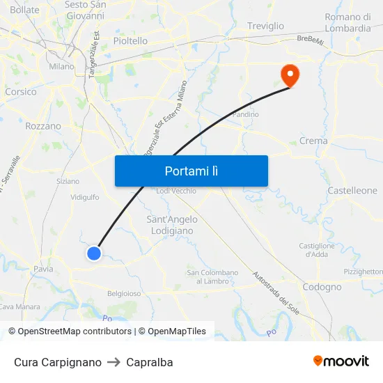 Cura Carpignano to Capralba map