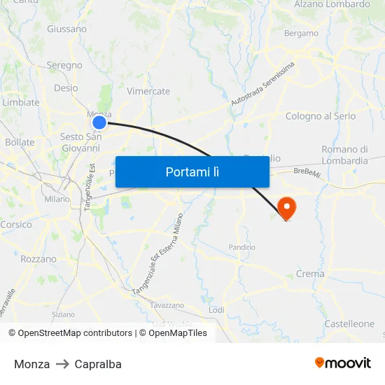 Monza to Capralba map