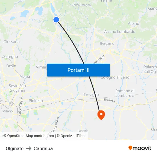 Olginate to Capralba map