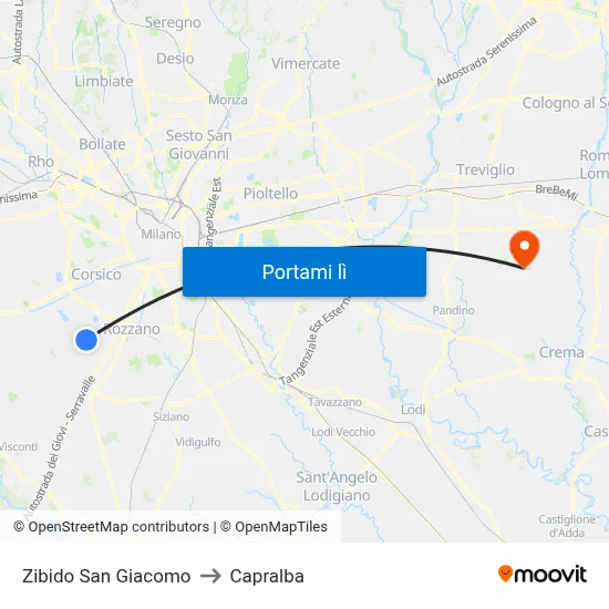 Zibido San Giacomo to Capralba map