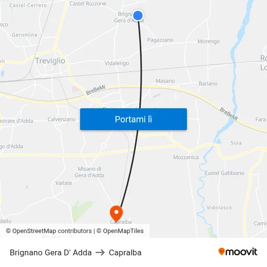Brignano Gera D' Adda to Capralba map