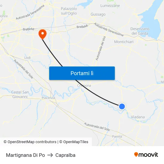 Martignana Di Po to Capralba map