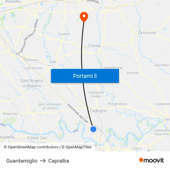 Guardamiglio to Capralba map