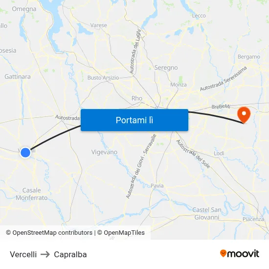 Vercelli to Capralba map