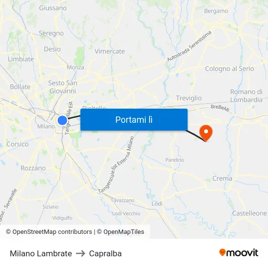 Milano Lambrate to Capralba map