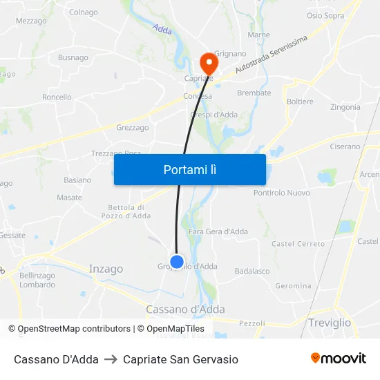 Cassano D'Adda to Capriate San Gervasio map