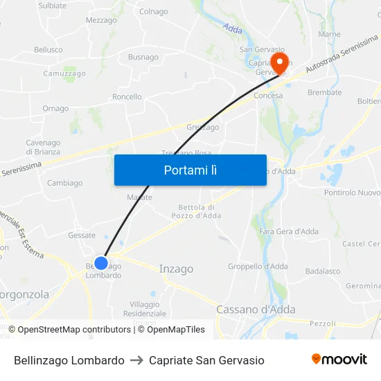 Bellinzago Lombardo to Capriate San Gervasio map