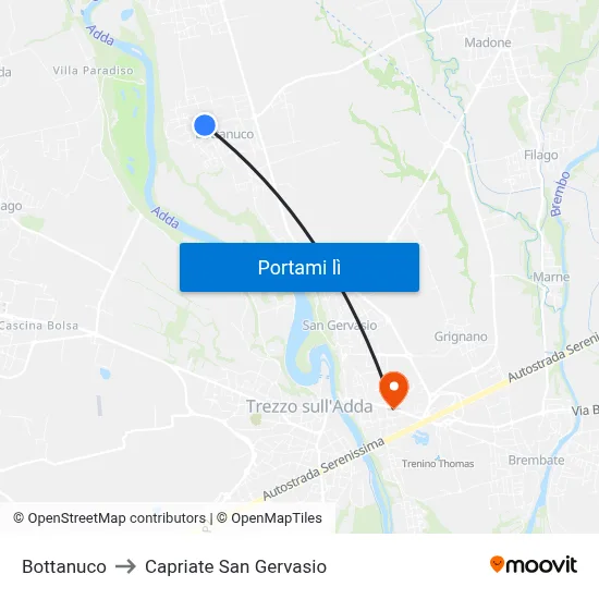 Bottanuco to Capriate San Gervasio map