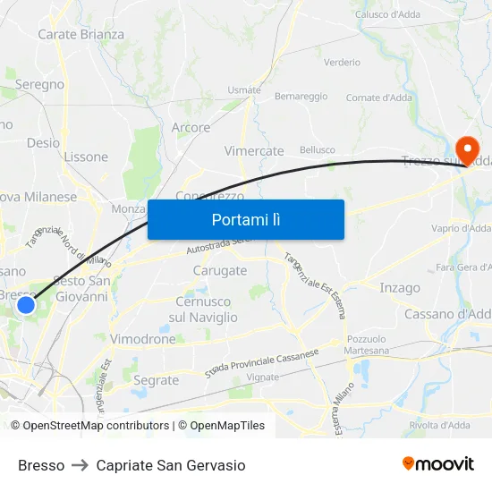 Bresso to Capriate San Gervasio map
