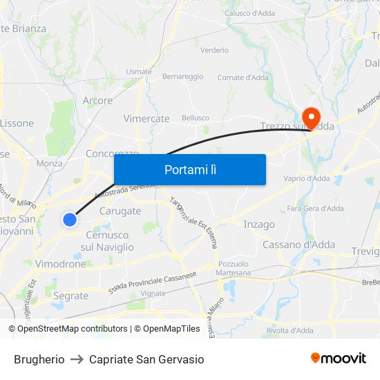 Brugherio to Capriate San Gervasio map