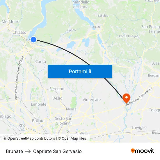 Brunate to Capriate San Gervasio map