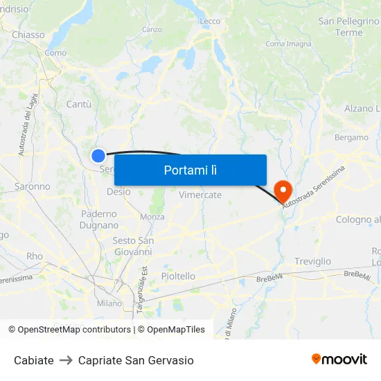 Cabiate to Capriate San Gervasio map
