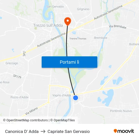 Canonica D' Adda to Capriate San Gervasio map
