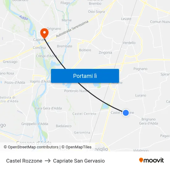 Castel Rozzone to Capriate San Gervasio map
