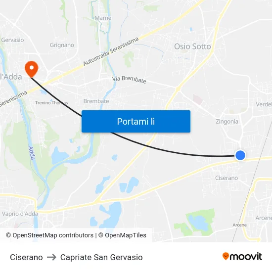 Ciserano to Capriate San Gervasio map