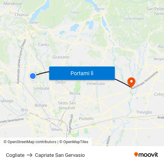 Cogliate to Capriate San Gervasio map