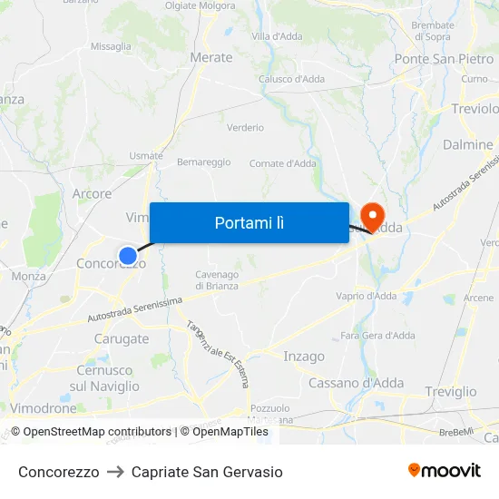 Concorezzo to Capriate San Gervasio map