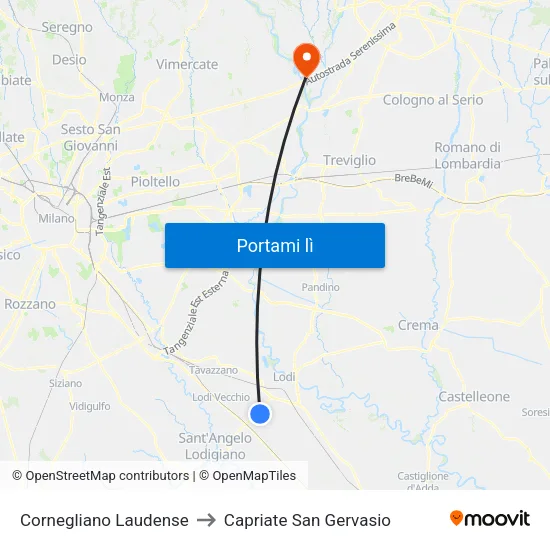 Cornegliano Laudense to Capriate San Gervasio map