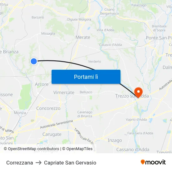 Correzzana to Capriate San Gervasio map