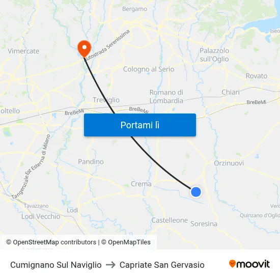 Cumignano Sul Naviglio to Capriate San Gervasio map
