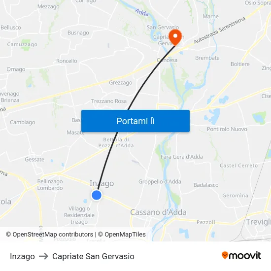 Inzago to Capriate San Gervasio map