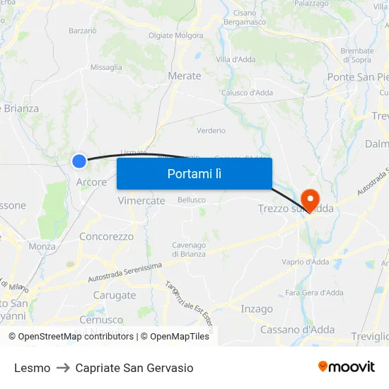 Lesmo to Capriate San Gervasio map