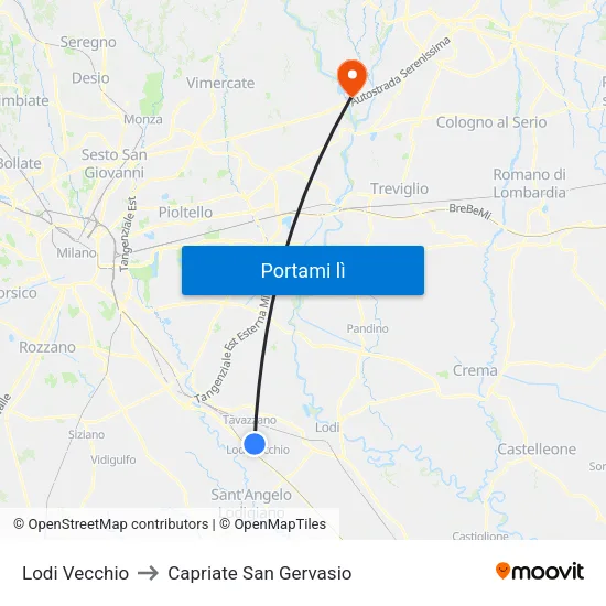 Lodi Vecchio to Capriate San Gervasio map