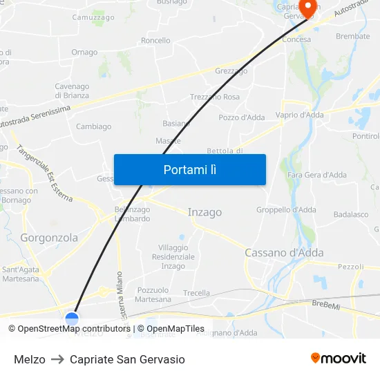 Melzo to Capriate San Gervasio map