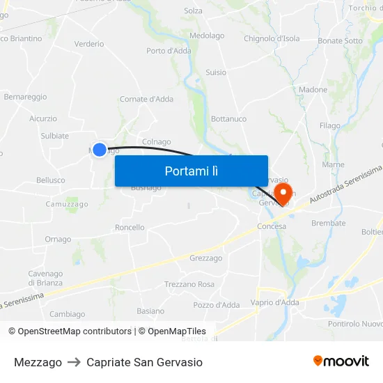 Mezzago to Capriate San Gervasio map