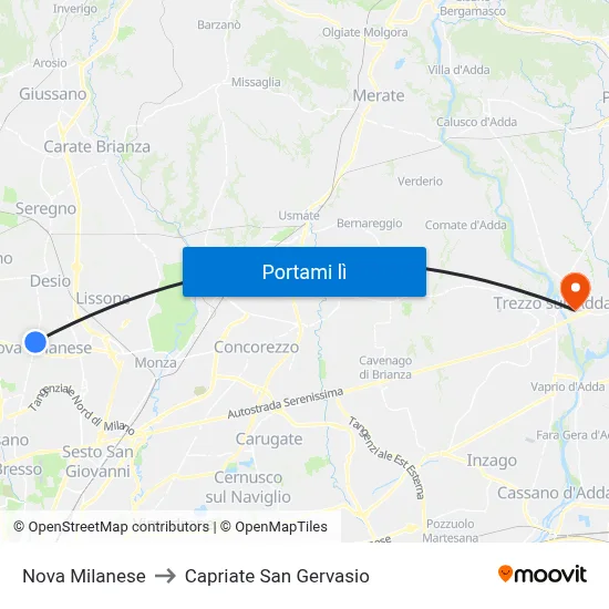 Nova Milanese to Capriate San Gervasio map