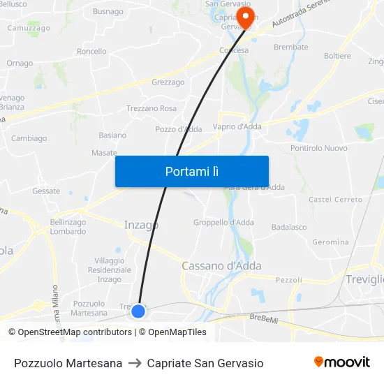 Pozzuolo Martesana to Capriate San Gervasio map