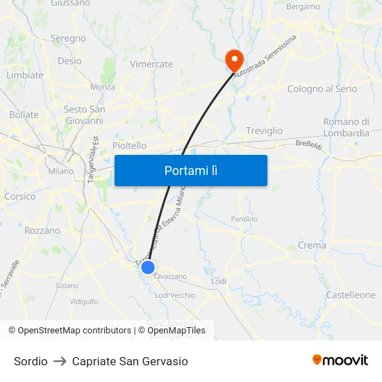 Sordio to Capriate San Gervasio map
