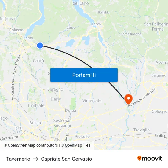 Tavernerio to Capriate San Gervasio map
