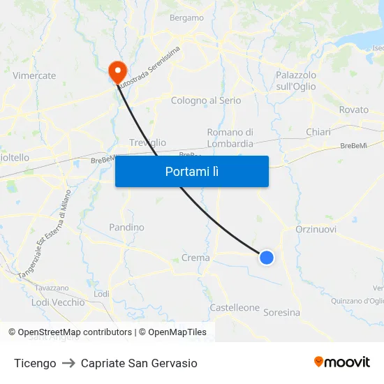 Ticengo to Capriate San Gervasio map