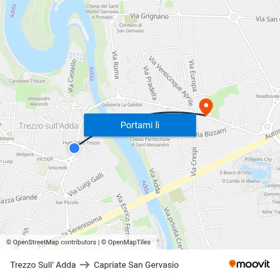 Trezzo Sull' Adda to Capriate San Gervasio map