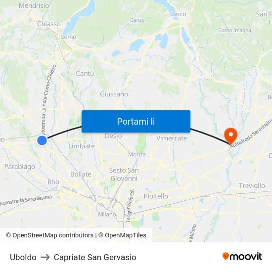 Uboldo to Capriate San Gervasio map