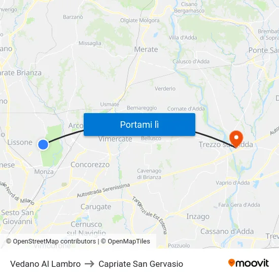 Vedano Al Lambro to Capriate San Gervasio map