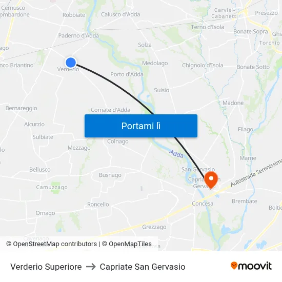 Verderio Superiore to Capriate San Gervasio map