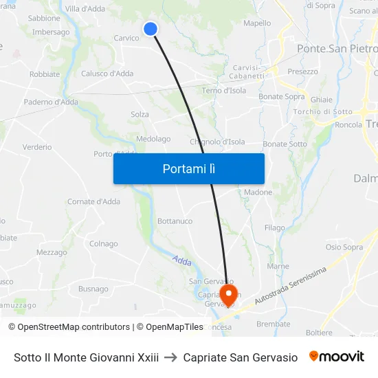 Sotto Il Monte Giovanni Xxiii to Capriate San Gervasio map