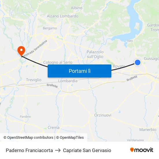 Paderno Franciacorta to Capriate San Gervasio map