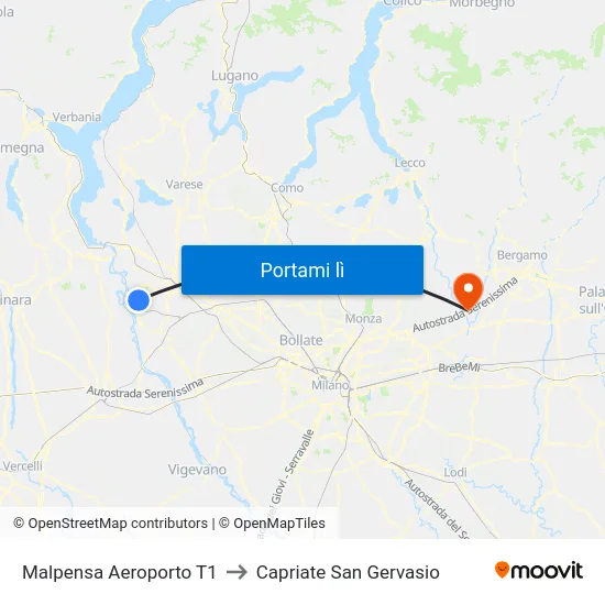 Malpensa Aeroporto T1 to Capriate San Gervasio map