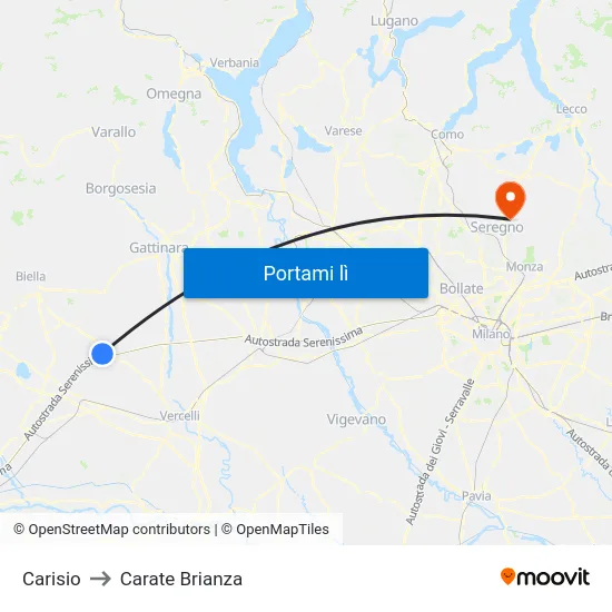 Carisio to Carate Brianza map