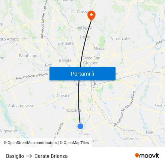 Basiglio to Carate Brianza map