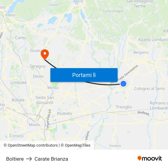 Boltiere to Carate Brianza map