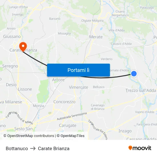Bottanuco to Carate Brianza map