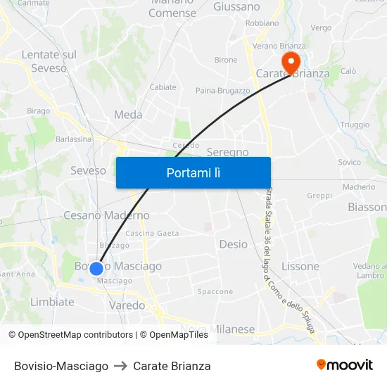 Bovisio-Masciago to Carate Brianza map