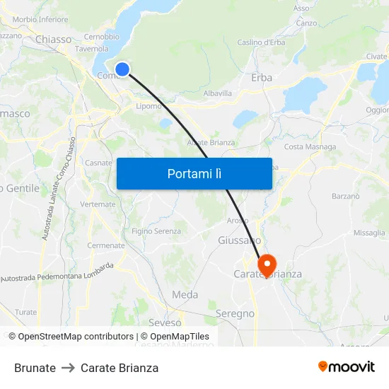 Brunate to Carate Brianza map