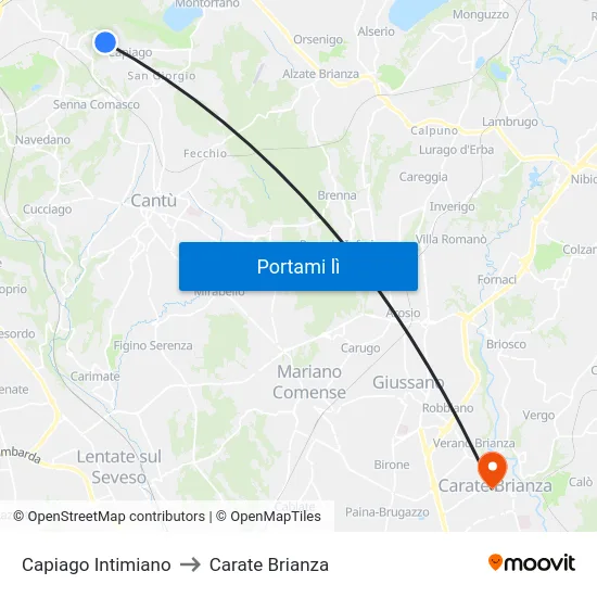 Capiago Intimiano to Carate Brianza map
