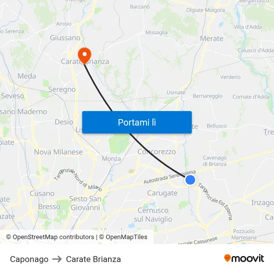 Caponago to Carate Brianza map