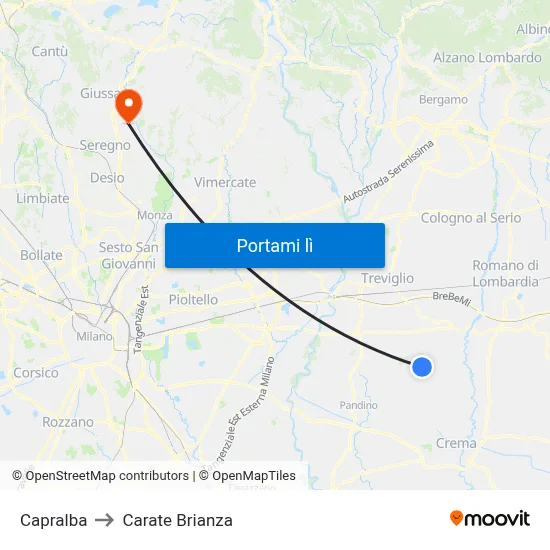 Capralba to Carate Brianza map